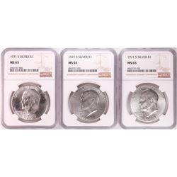Lot of (3) 1971-S Eisenhower Silver Dollar Coins NGC MS65