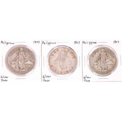 Lot of (3) 1907 Philippines One Peso Silver Coins