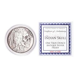 United Snakes of America Indian Skull 1 oz Antique Silver Proof Round w/COA