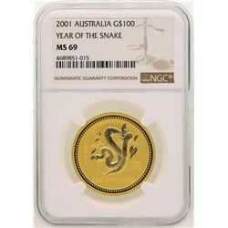 2001 $100 Australia Year of the Snake Gold Coin NGC MS69