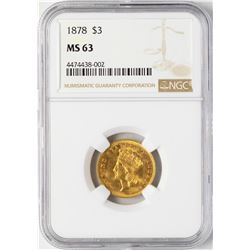 1878 $3 Indian Princess Head Gold Coin NGC MS63