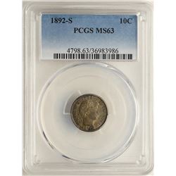 1892-S Barber Dime Coin PCGS MS63