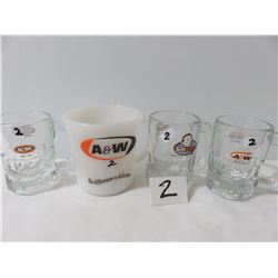 1 A&W Cup, 3 Minature A&W Mugs