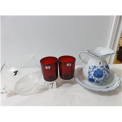 Minature Basin Set- Two Red Goblets, 1 Etched Pitcher