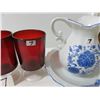 Image 3 : Minature Basin Set- Two Red Goblets, 1 Etched Pitcher