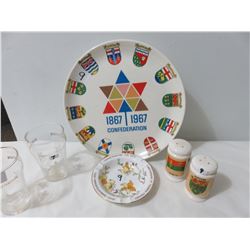 1867-1969 Plate- Two Glasses, 1 Sask Salt And Pepper, Small Sask 50th