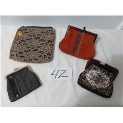 4 Lady Clutch Purses, Petty Point, Leather, Suede-Lace