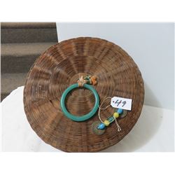 Vintage Sewing Basket Decorated With Beads And Glass Ring