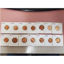 Lot of 14 Canada One Cent 1 Penny 1963 UNC
