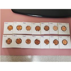 Lot of 14 Canada One Cent 1 Penny 1963 UNC