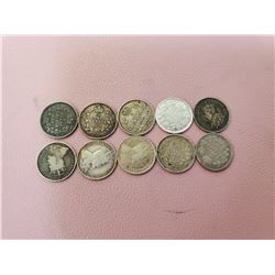 Lot of 10 Canada 5 cent Silver 1902-1919