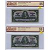 Image 1 : Lot of 2 Canada 10 Dollar 1937 Bank of Canada $10 Gordon Towers BC-24b BCS 25 Very Fine