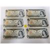 Image 1 : Lot of 6 Canada $1 One dollar bills, 1973 Bank of Canada