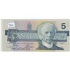 Image 1 : 1986 Bank of canada $5.00 Bill Sig. Crow & Bouey