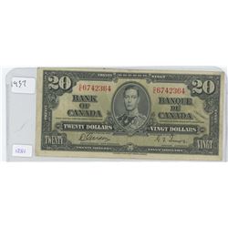 1937 Canadian $20 Bill Bank of Canada