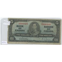 1937 Canadian $5 Bill Bank of Canada