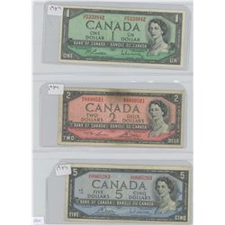 1954 Canadain $1, $2, $5 Bills  Lot of 3
