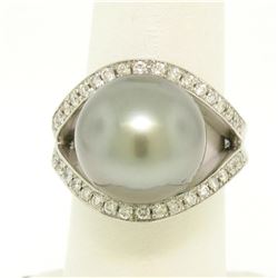 14k White Gold Large 14.5mm Tahitian Pearl Solitaire Ring w/ 2.00 ctw Pave Diamo