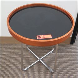 Low Minimalist Round Table w/ Wood Trim &  Metal Base
