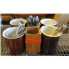 Image 1 : Qty 4 Brown Ceramic Holders, 2 Wood Holders, Tongs & Misc Utensils