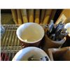 Image 2 : Qty 4 Brown Ceramic Holders, 2 Wood Holders, Tongs & Misc Utensils