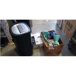 Box of computer parts, table lamps and paper shredder