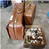 Image 1 : 2 vintage leather suitcases with box of collectibles