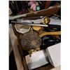Image 2 : TRAY OF ESTATE GOODS, HOT GLUE GUN, LAMP, SCALES, VINTAGE IRON