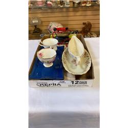 MYOTT GRAVY BOAT AND TRAY, 2 CHINA TEACUPS, PLATTERS AND VINTAGE IRON