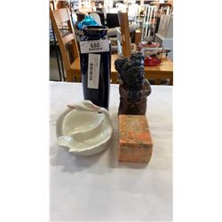 Cast iron figure, fitz and floyd ashtray, eastern vase and hand carved stone box