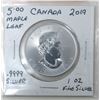 Image 2 : 1 Oz .9999 Fine Silver 2019 Canada Maple Leaf Coin