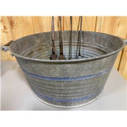 ALUMINUM WASH TUB & 4 CAST FIRE TOOLS
