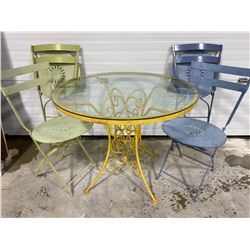 WROUGHT IRON PAINTED PATIO SET - GLASS TOP W/ 4 CHAIRS