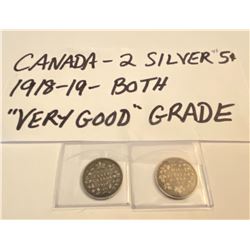 LOT OF 2 CND SILVER 5 CENTS - 1918 - 1919