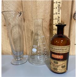 LOT OF 3 VINTAGE PHARMACY BOTTLES / BEAKERS