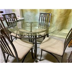 WROUGHT IRON & GLASS DINING TABLE WITH 4 CHAIRS