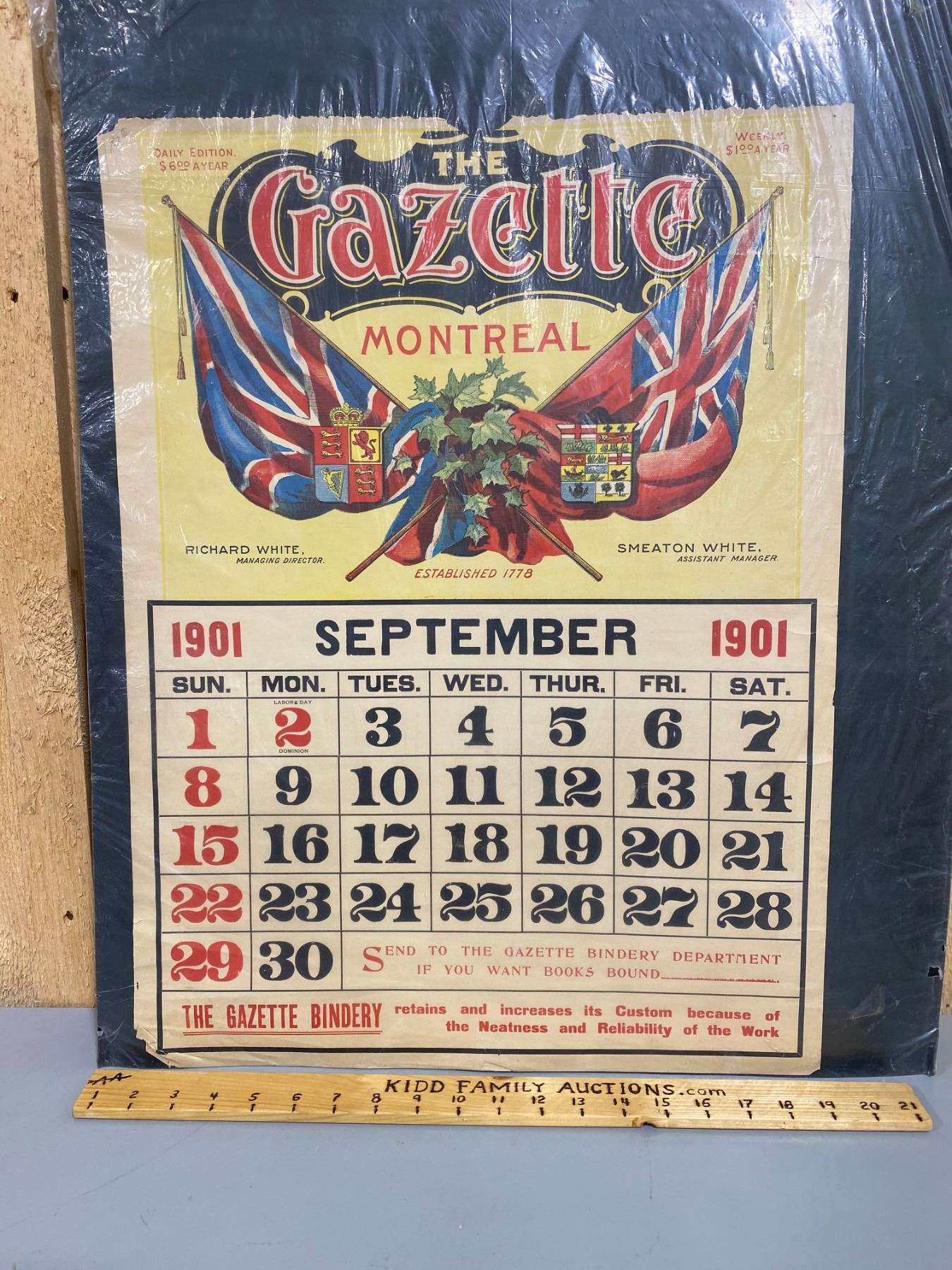 ONE PAGE OF THE 1901 MONTREAL GAZETTE NEWSPAPER CALENDAR