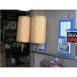 Pair Gold Cloth Shade Crystal Hanging Lamps.  #1231498