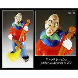 CZECH VINTAGE ART GLASS CLOWN W BROOM FIGURINE #1249030