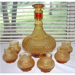 Amber Decanter With  6 Matching Cups #1252687