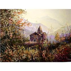 ART. ANTIQUE CHURCH IN LANDSCAPE ORIGINAL OIL  #1253375