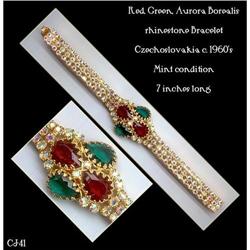 CZECH VINTAGE RED GREEN RHINESTONE BRACELET #1253484