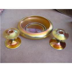 Steuben Aurene Console Bowl Candlesticks #1266882