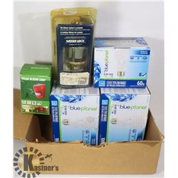 LOT OF ASSORTED NEW LIGHT BULBS/SOLAR ALARM/DOOR L
