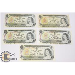 LOT OF 5 CANADIAN 1973 ONE DOLLAR BANK NOTES