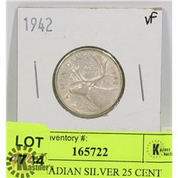 1942 CANADIAN SILVER 25 CENT COIN