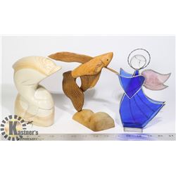 LOT OF 3 ART SCULPTURES. 1 GLASS, 1 WOOD, 1 STONE