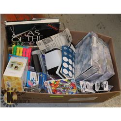 BOX OF OFFICE SUPPLIES AND MORE