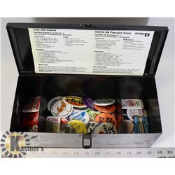 VINTAGE CPR BOX FILLED WITH PIN BACK BUTTON PINS