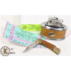 TABLE TOP LIGHTER, ROLLING STONES CONCERT STUB &